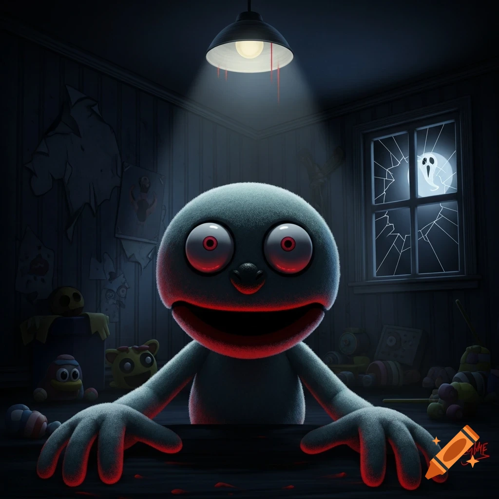A fuzzy grey puppet with glowing red eyes and mouth stares from a dark, ominous room with a broken window and creepy toys. Horror style.