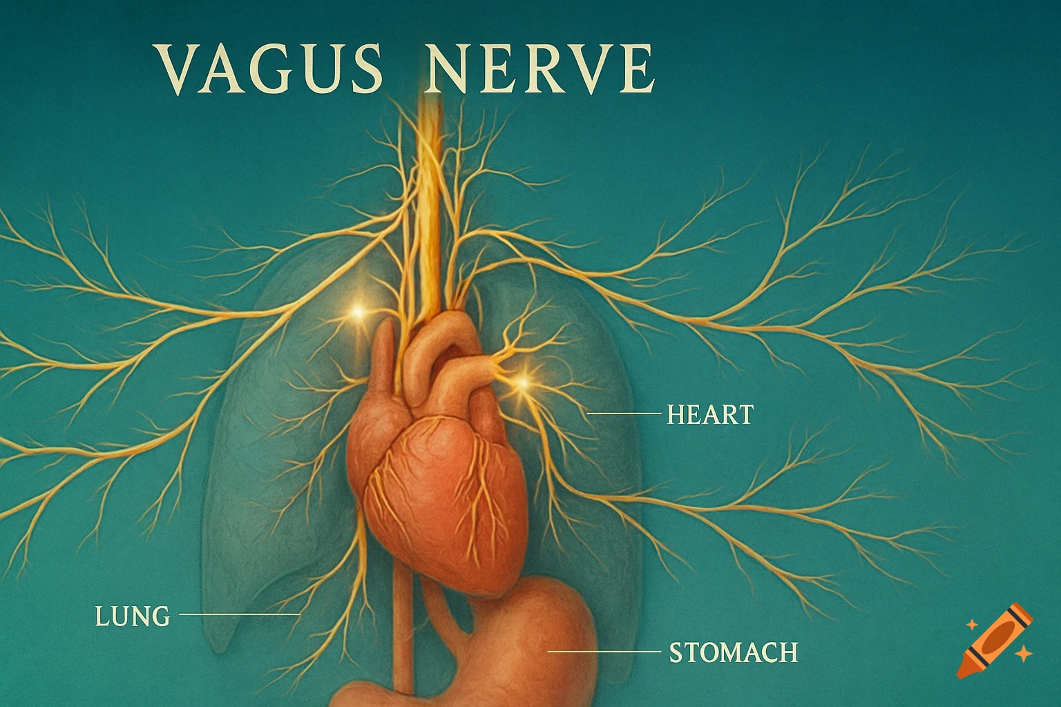 An anatomical illustration of the vagus nerve connecting to the heart, lung, and stomach with labels.