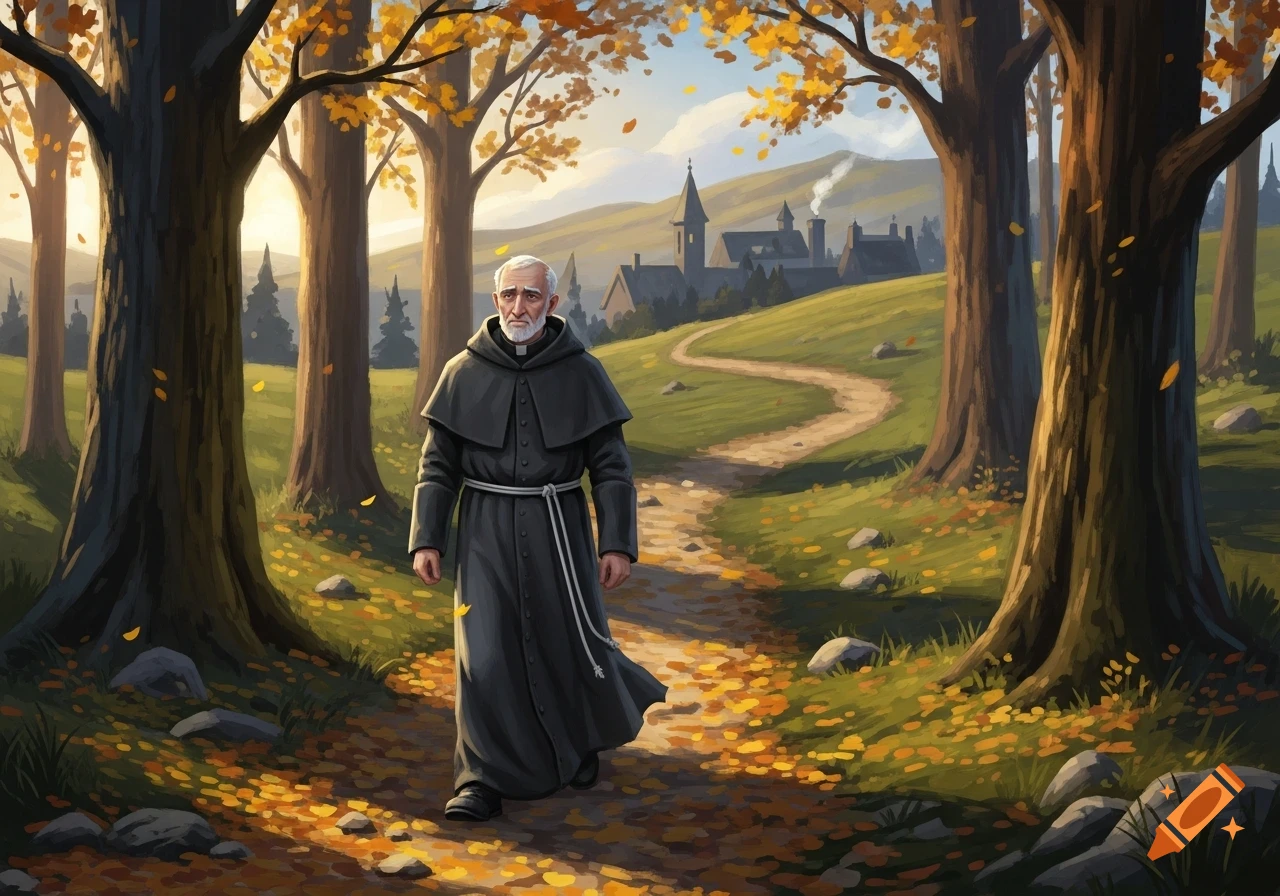 An old monk with a white beard walks along a sunlit forest path adorned with autumn leaves, a village in the background.