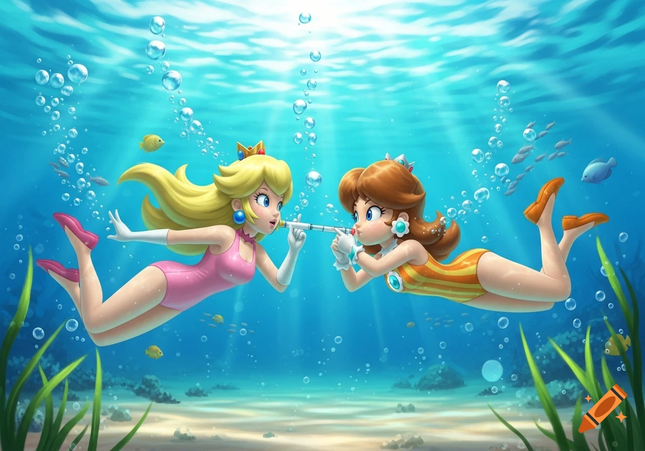 Princess Peach and Princess Daisy in swimsuits underwater, blowing bubbles through a tube, surrounded by fish and plants.