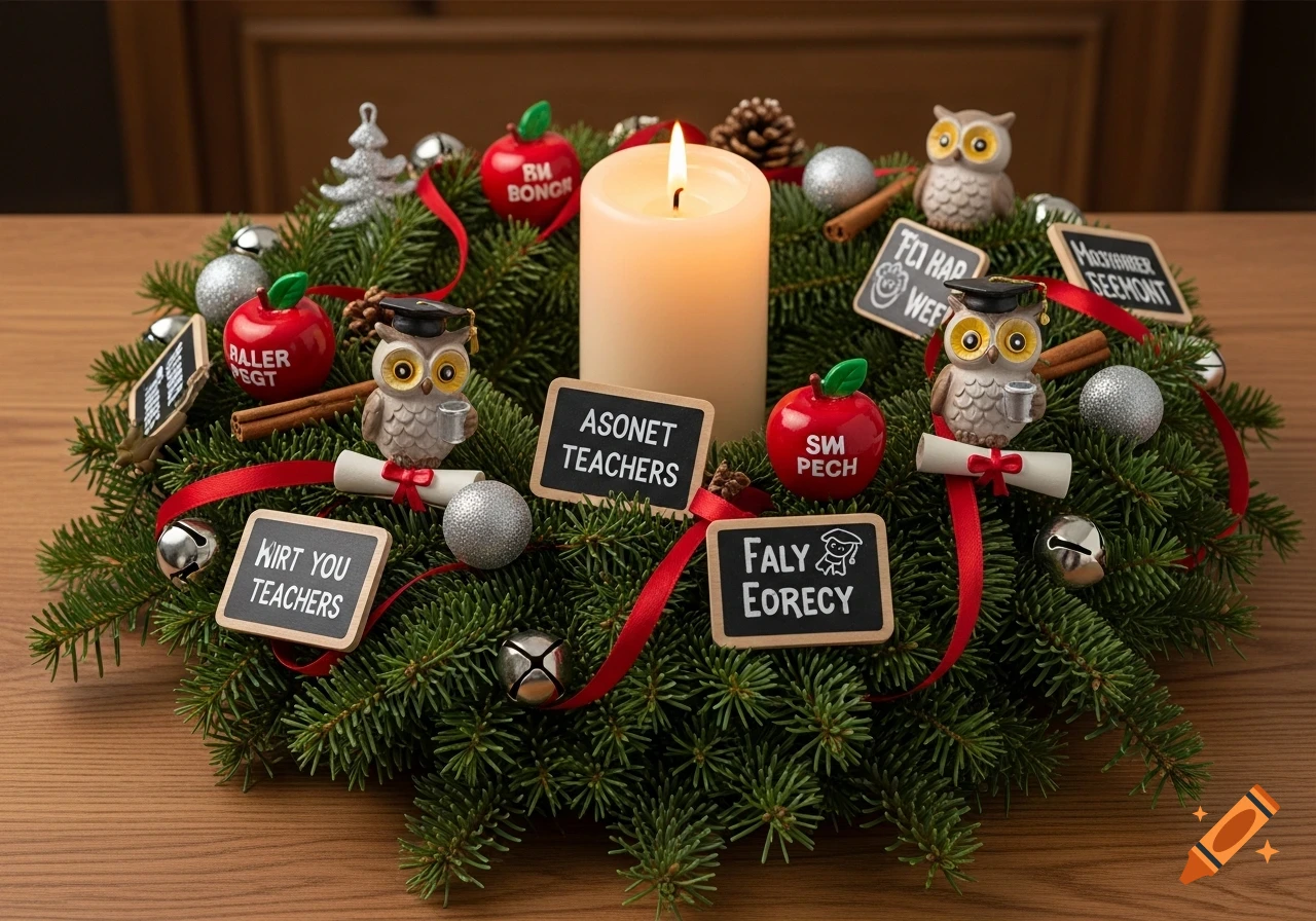 An Advent wreath with a lit candle, pine branches, red ribbons, silver bells, red apples, and owl figurines wearing graduation caps. Small chalkboards with garbled text are interspersed among the decorations.