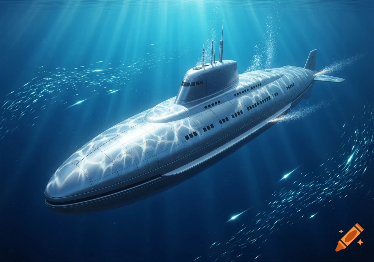 A photorealistic submarine glides underwater, illuminated by sun rays, with schools of fish swimming around it.