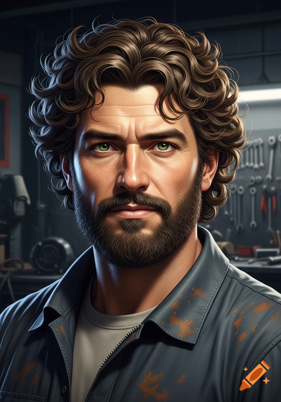 A photorealistic portrait of a rugged man with curly brown hair, a beard, and striking green eyes, wearing a dirty work shirt in a garage.