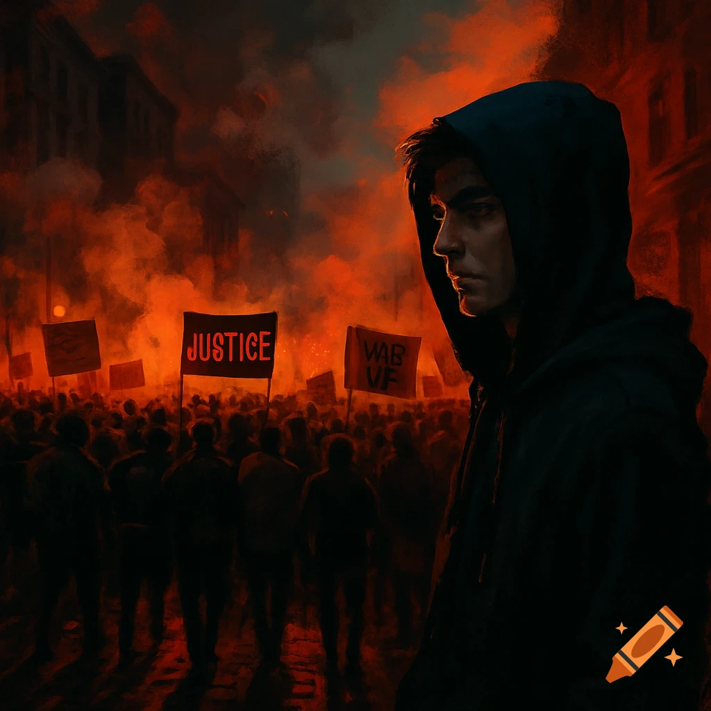 A hooded young man observes a chaotic street protest under an orange-red smoky sky. A crowd holds signs, one reading "JUSTICE" in red.