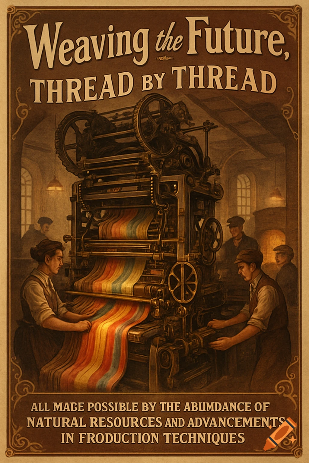 Vintage poster depicts two workers operating a large loom weaving a rainbow-striped fabric in a factory, with other workers in the background.