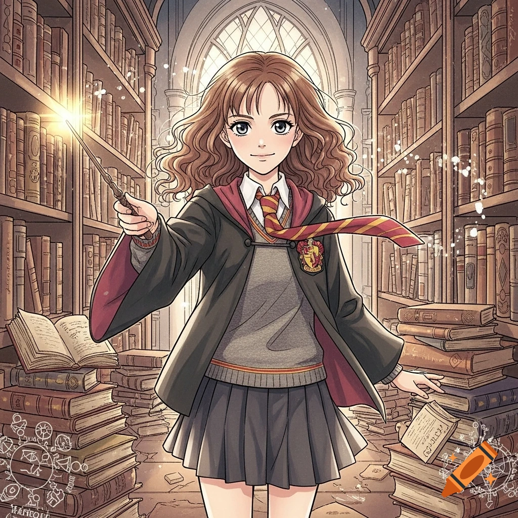 Anime-style Hermione Granger in a Hogwarts library, holding a wand with a sparkling tip.
