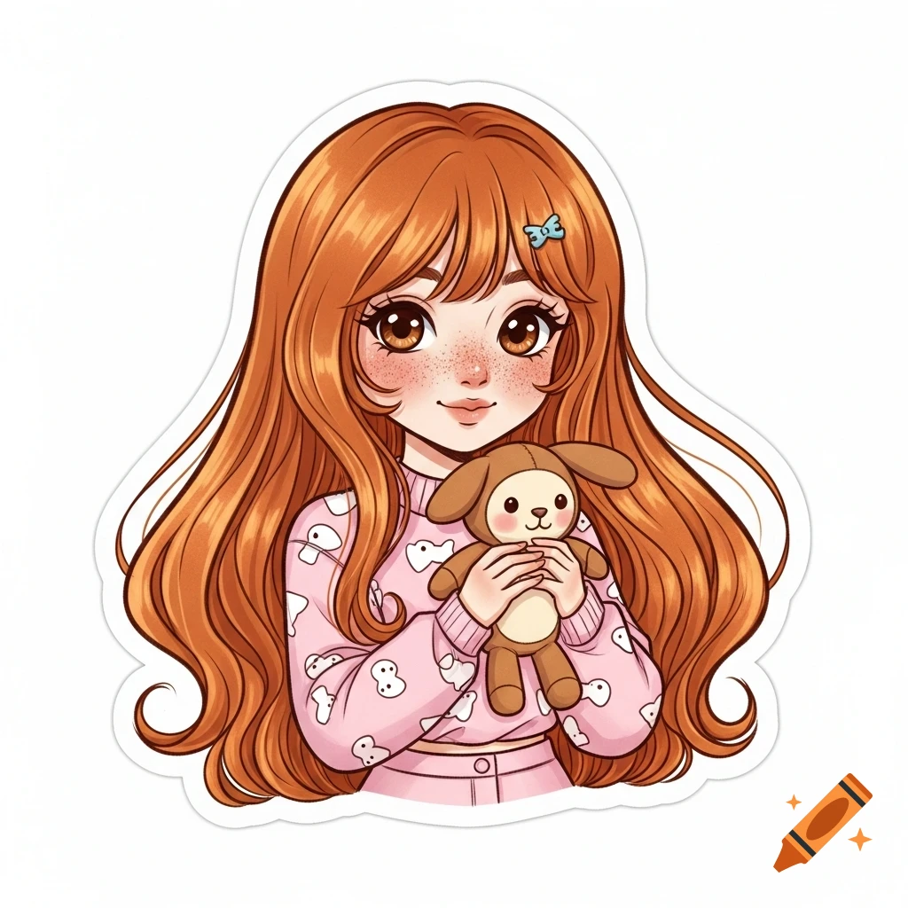 Cute anime girl with long orange hair and freckles, wearing pink clothes and holding a brown toy animal.