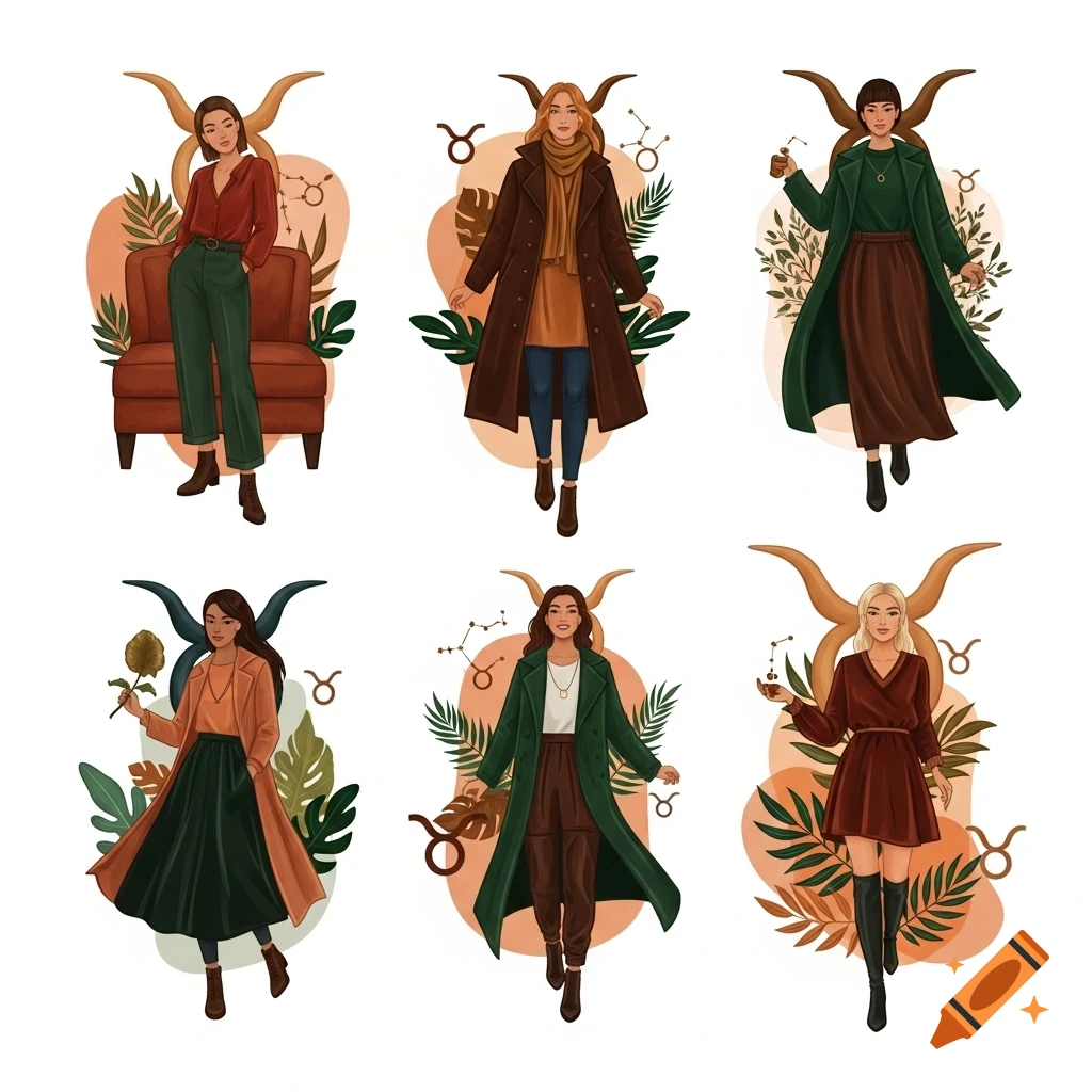 Six stylized illustrations of women in fashionable earthy-toned clothing, each with Taurus zodiac symbols and nature elements.