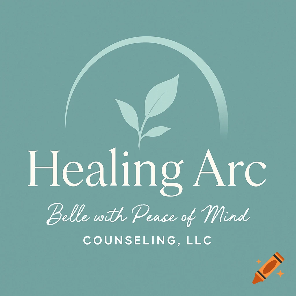 A minimalist logo for Healing Arc, featuring a light green plant sprout beneath an arc, with company name and counseling subtitle on a teal background.