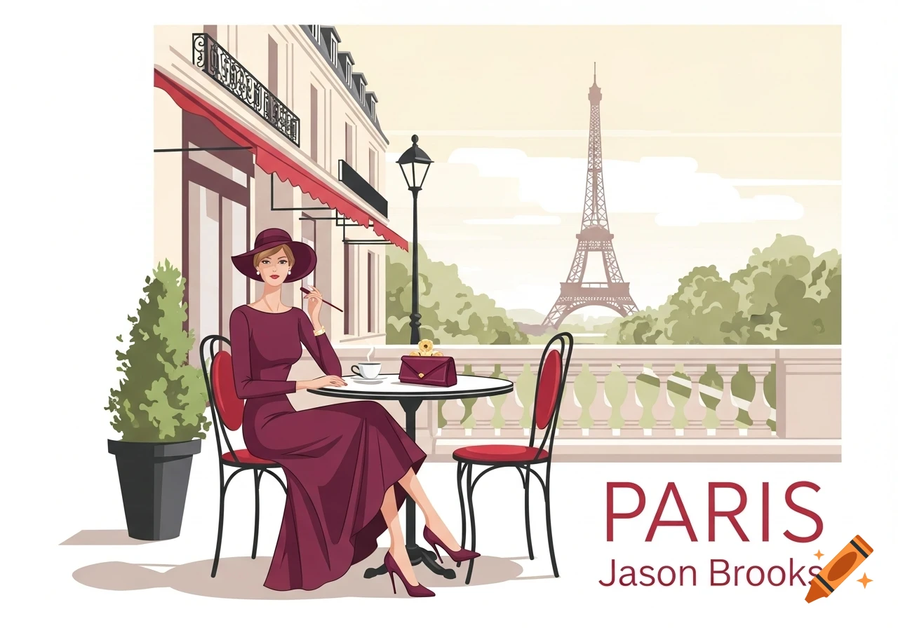 Stylish vector art of a woman in a purple dress and hat, sitting at a cafe table in Paris with the Eiffel Tower in the background.