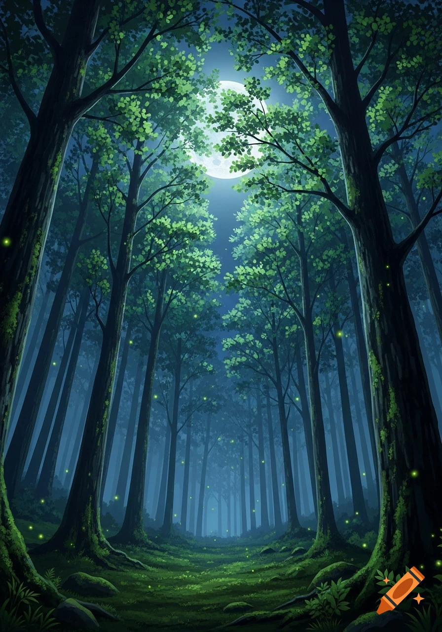 A magical, stylized forest at night with tall trees, lush green ground ...