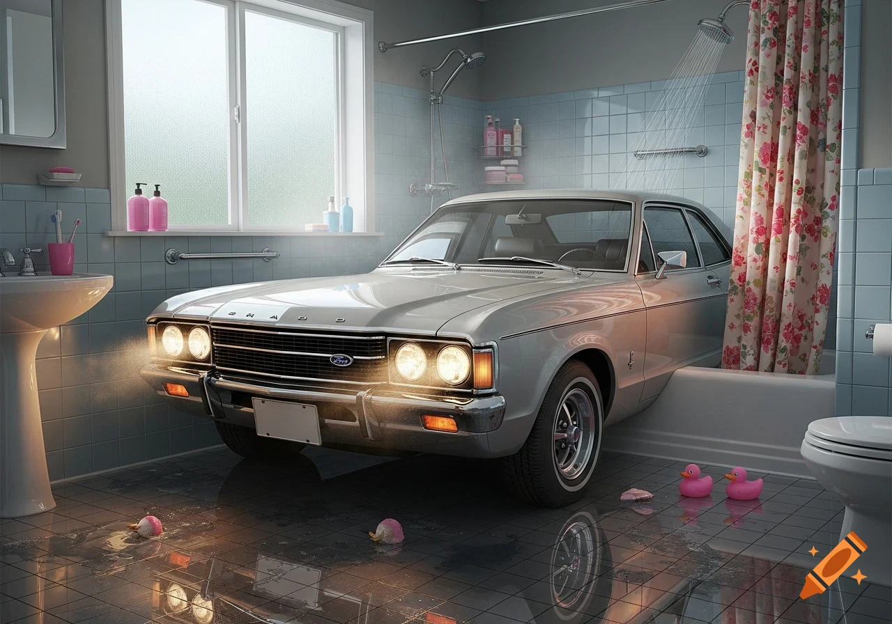 A vintage silver Ford Granada car parked in a brightly lit, tiled bathroom, with its front in the shower and water spraying.