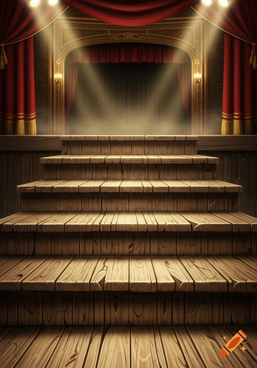 Wooden steps lead to a dramatic, empty theater stage with red curtains and spotlights.