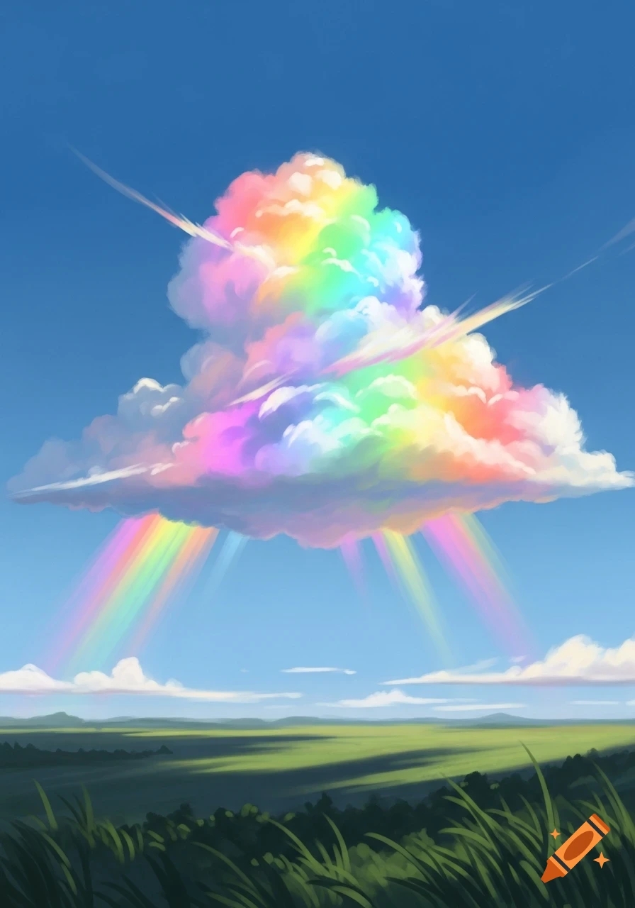 A vibrant rainbow-colored cloud hovers above a verdant green field under a clear blue sky, depicted in a stylized, anime-like art style.