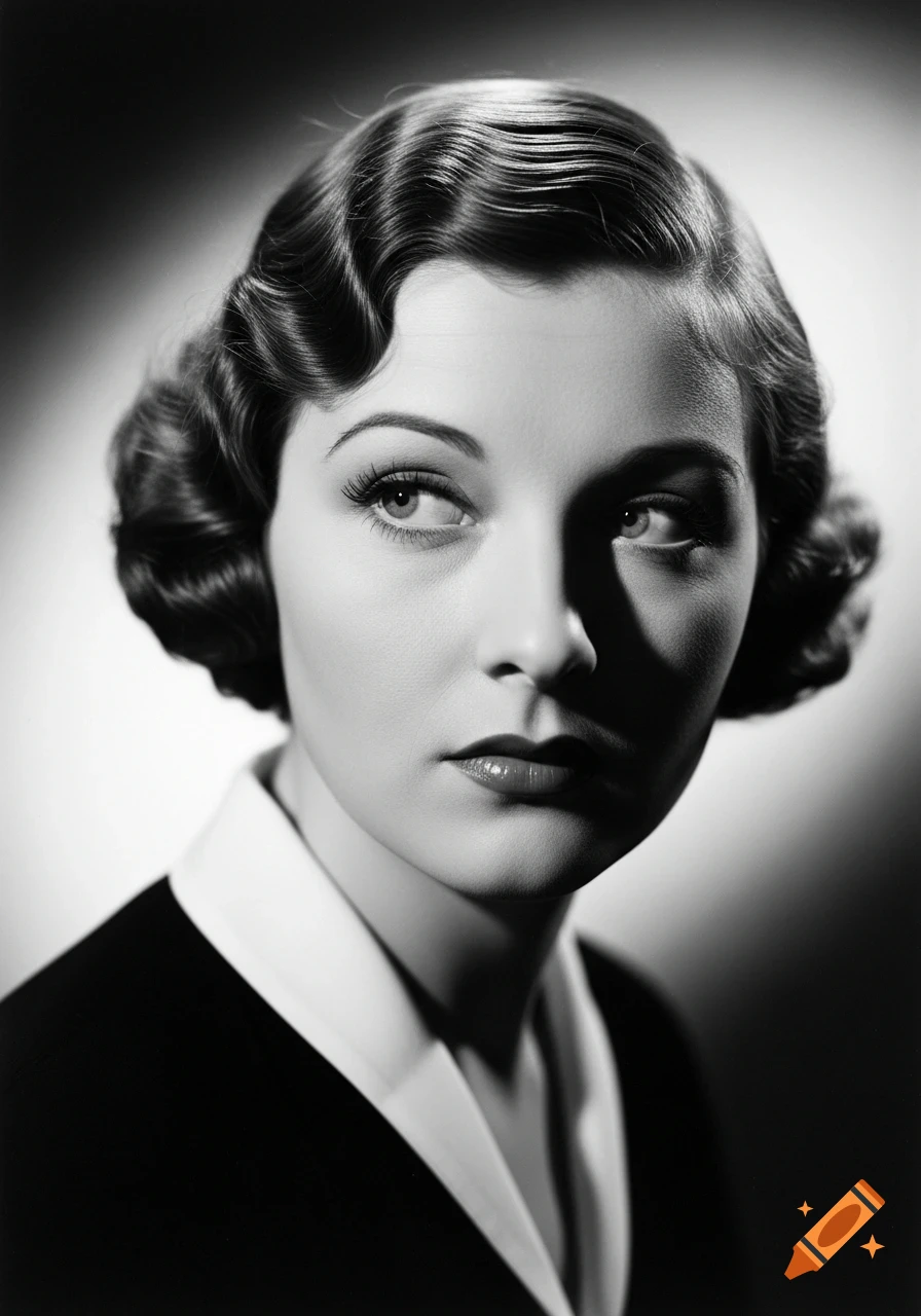Black and white glamour portrait of a woman with sculpted wavy hair, looking to the side, in 1920s Hollywood style.