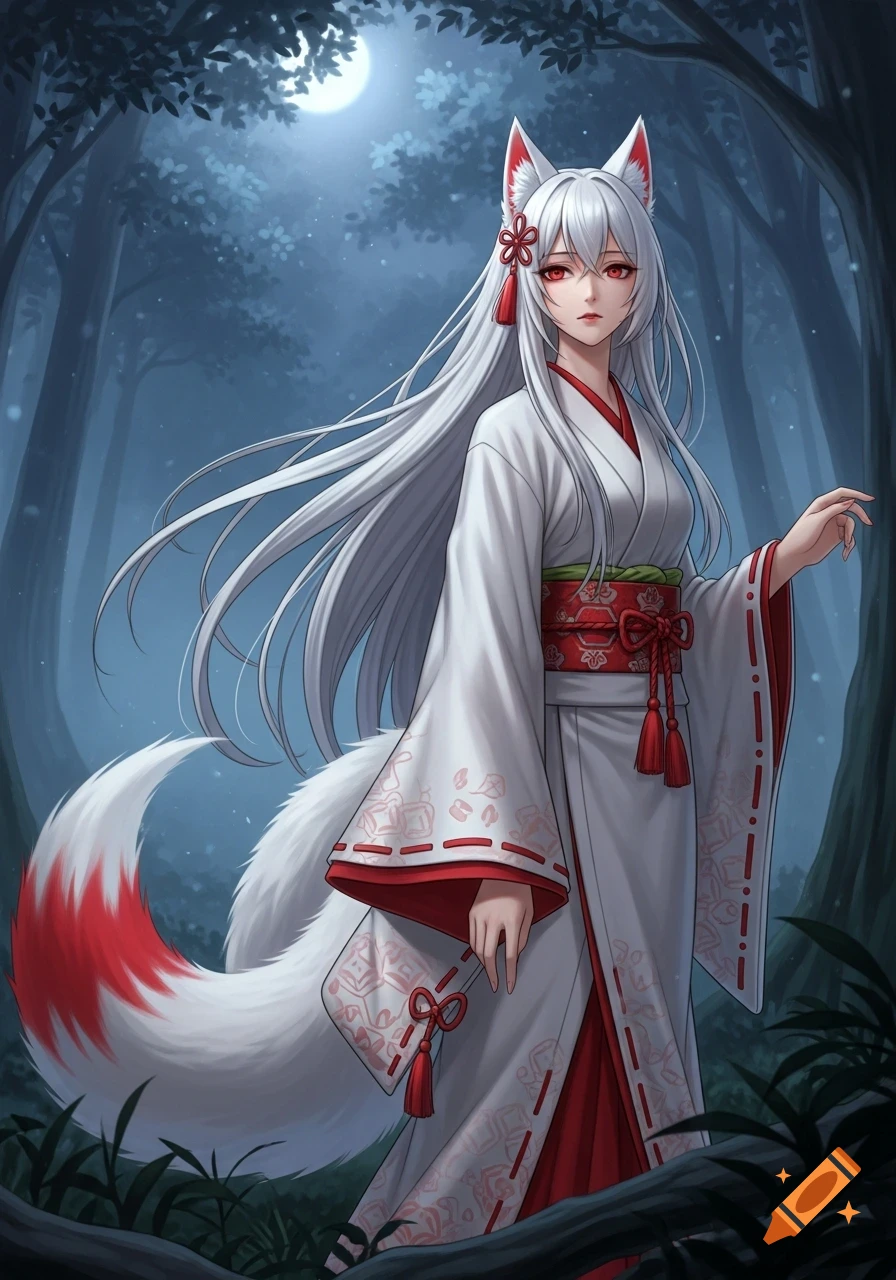 Semi-realistic manga art of a white-haired kitsune girl with red eyes, fox ears and tail, in a kimono, standing in a dark, moonlit forest.