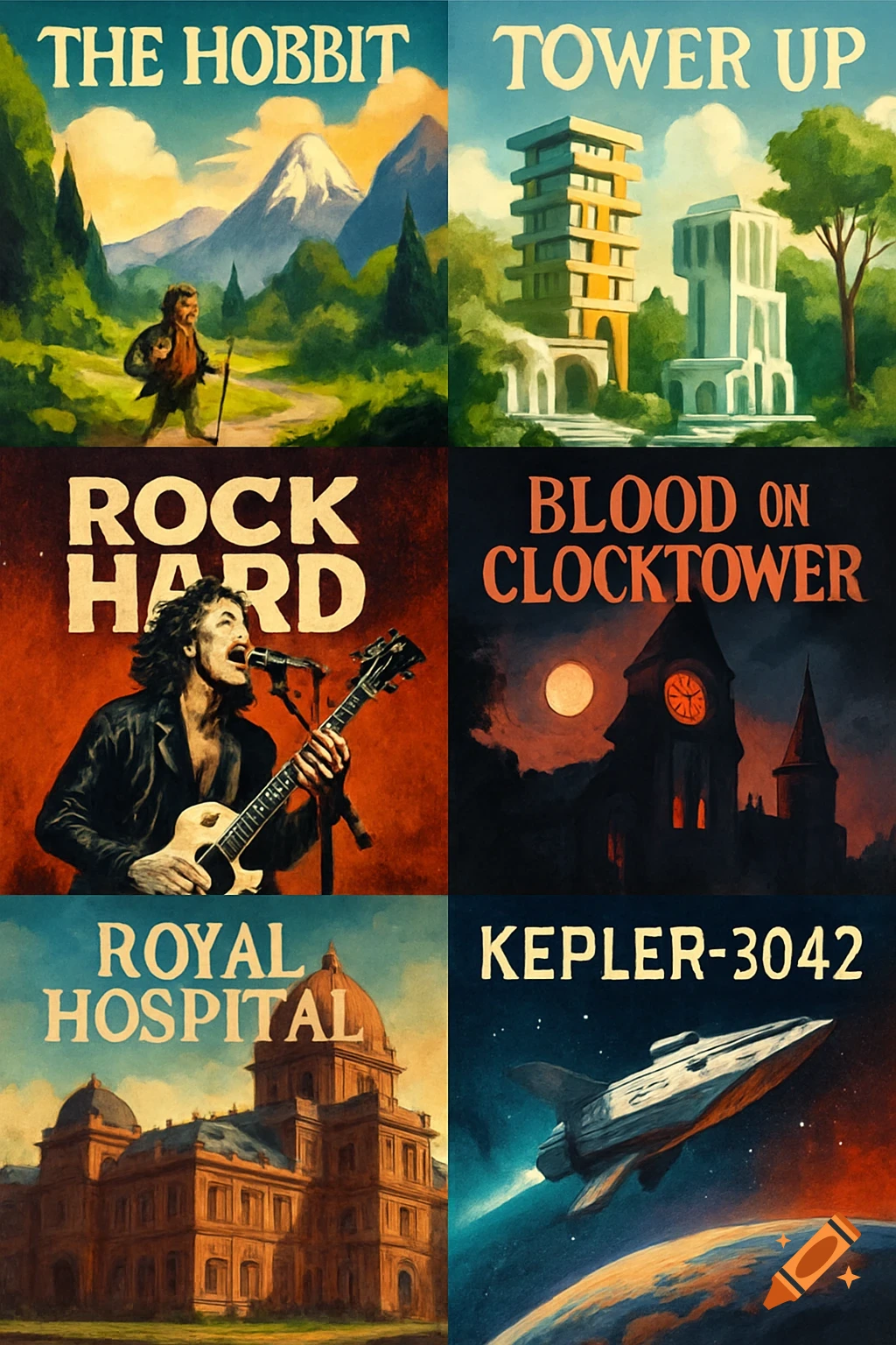 A collage of six stylized game posters: 'The Hobbit' with a figure in a landscape, 'Tower Up' with buildings, 'Rock Hard' with a guitarist, 'Blood On Clocktower' with a gothic building, 'Royal Hospital' with a grand structure, and 'Kepler-3042' with a spaceship over a planet.