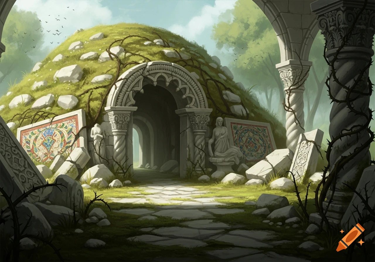A path leading to an ancient, moss-covered archway entrance into a dark mound, surrounded by broken stone, statues, and colorful mosaics in a verdant landscape.