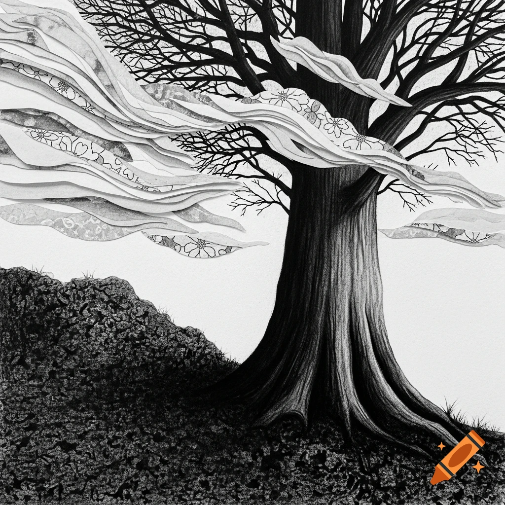 Black and white drawing of a large, dark tree with bare branches and textured ground, with flowing, patterned paper shapes around it.