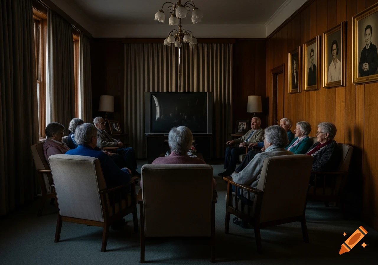 Elderly people sit in chairs in a dimly lit, wood-paneled room, facing a dark television screen, in a photorealistic style.