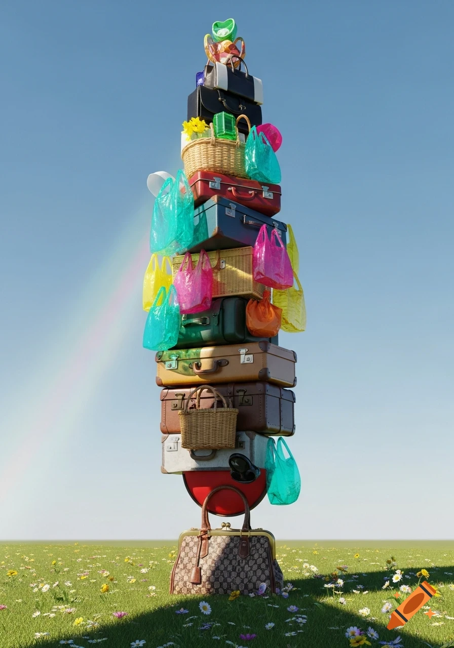 A very tall, precarious stack of suitcases, handbags, and colorful plastic shopping bags in a green field under a clear sky with a faint rainbow.