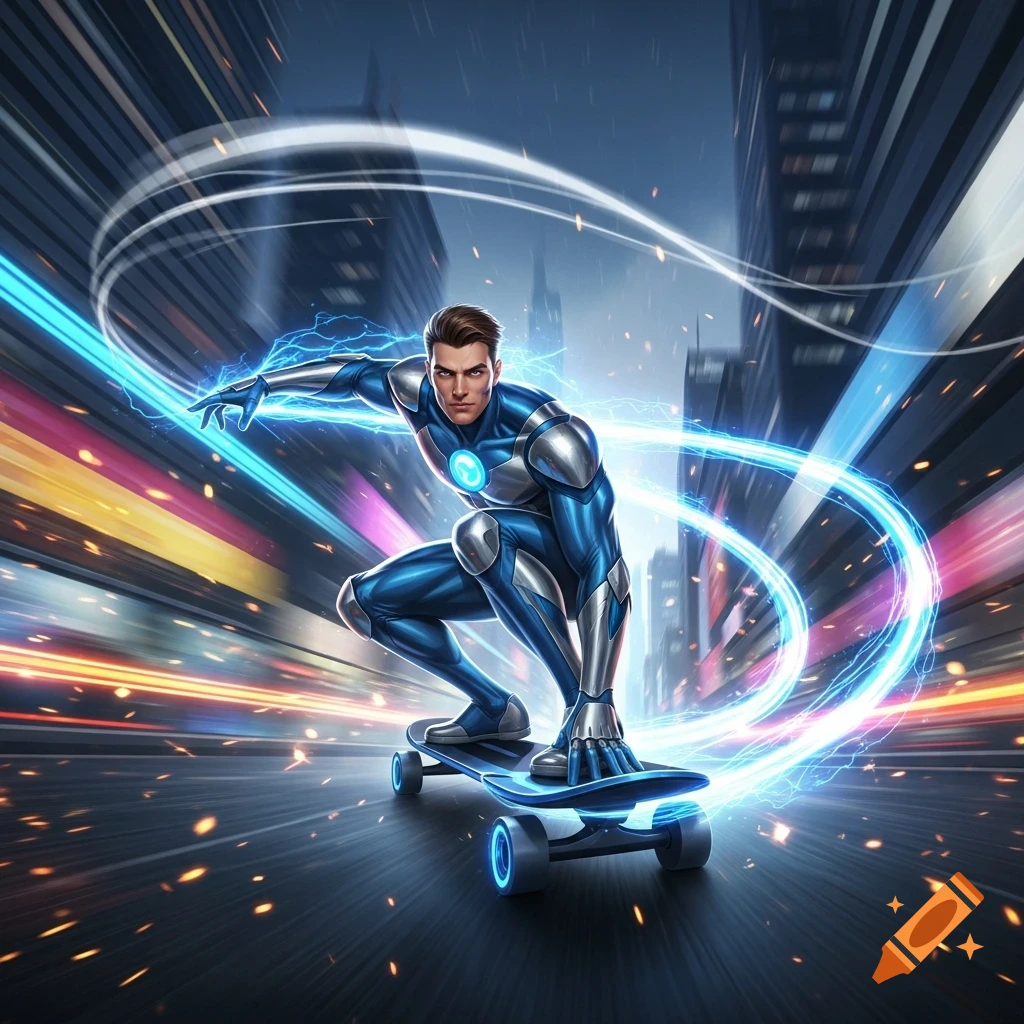 A male superhero in a blue and silver suit on a glowing skateboard speeds through a futuristic city, leaving bright light trails.