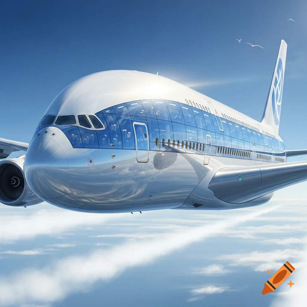 A large, sleek airliner with extensive blue glass windows flies above the clouds under a clear blue sky.