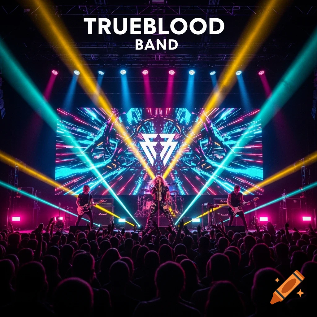 A band, 'TRUEBLOOD BAND', performs on a brightly lit stage with neon lights and lasers, in front of a silhouetted audience.