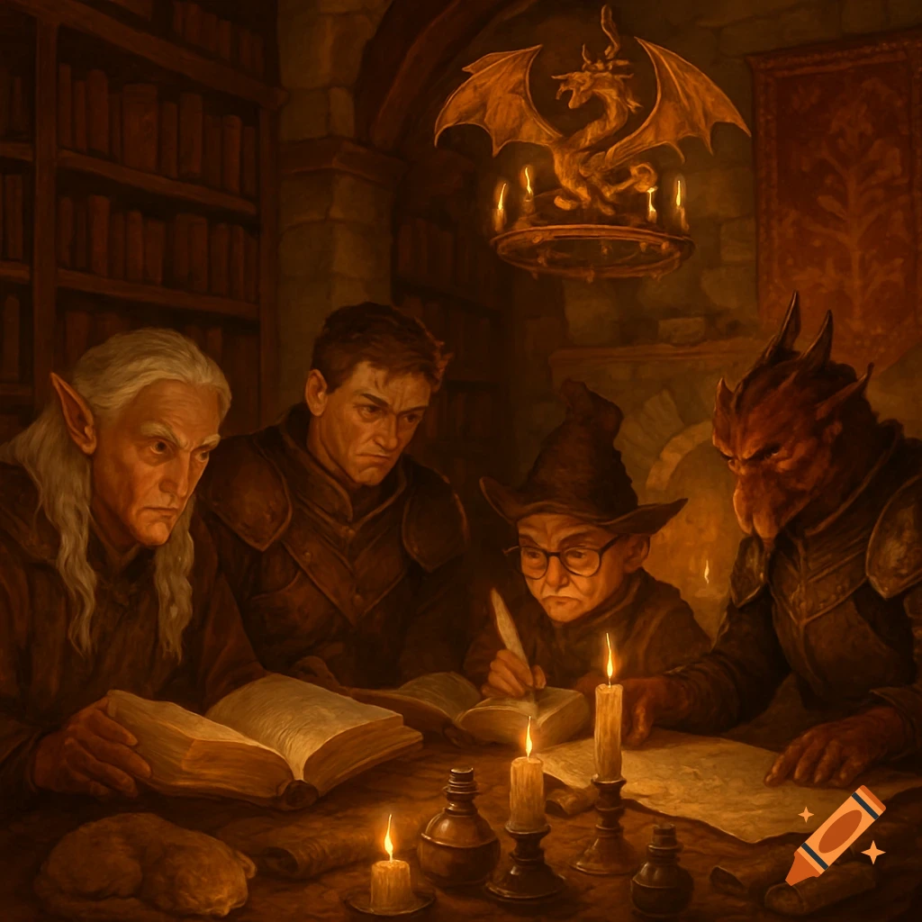A diverse D&D group of fantasy characters, including an elf and a dragon-like creature, reads books by candlelight in a dark library.