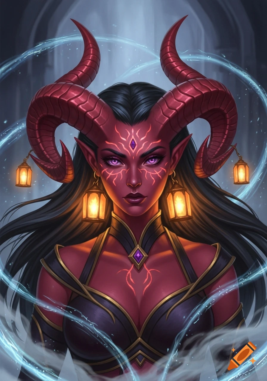 Fantasy illustration of a female Tiefling with red skin, red horns, purple eyes, and lantern earrings, surrounded by blue glowing wisps.