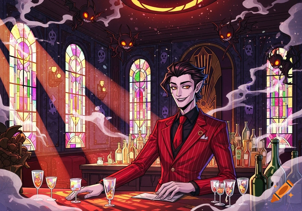 A smiling male demon bartender with pointed ears, pale skin, and golden eyes in a red pinstripe suit stands at a bar in a gothic room with stained-glass windows, surrounded by bottles, glasses, and small flying demon creatures, in a vibrant cartoon style.