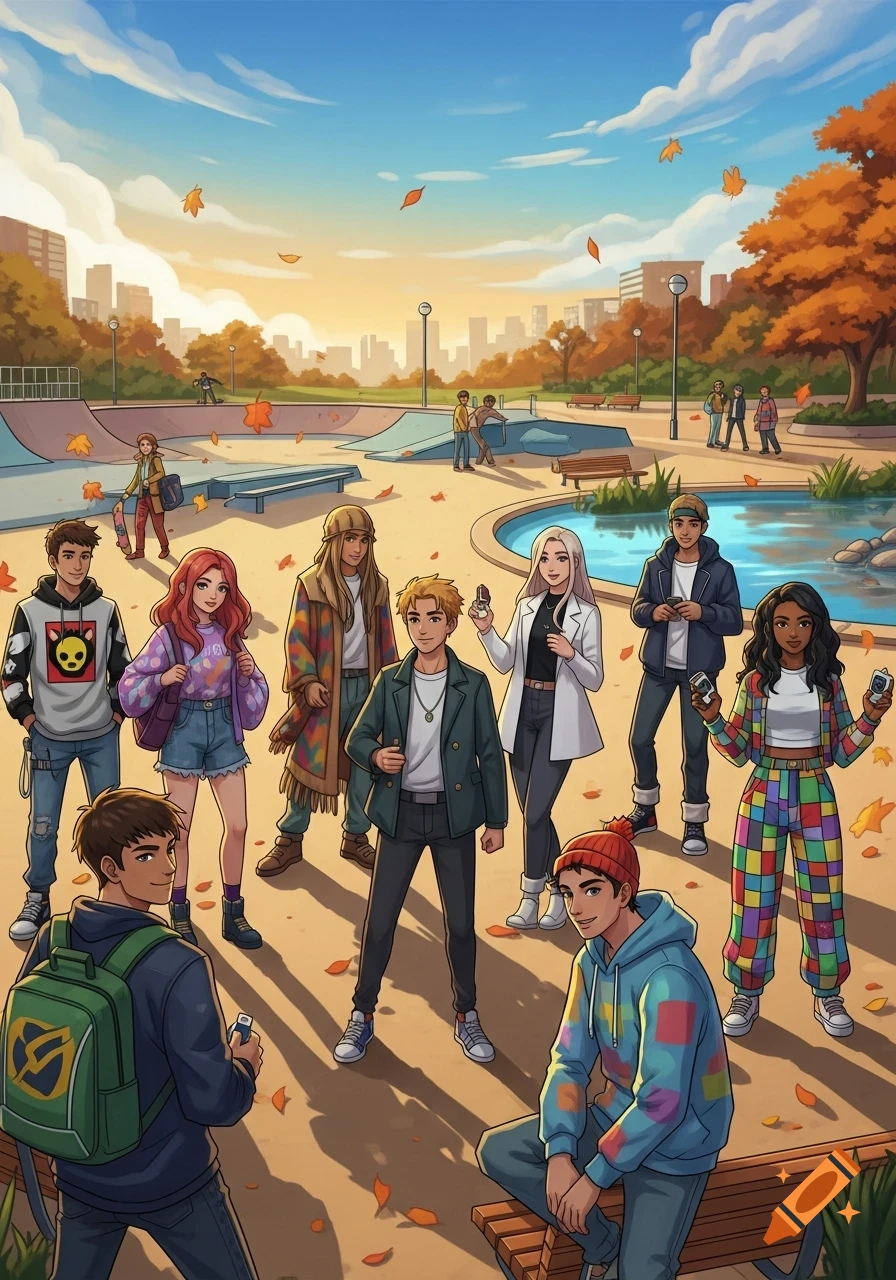 A diverse group of cartoon teenagers gathered in an autumnal skate park with falling leaves and city buildings in the background.