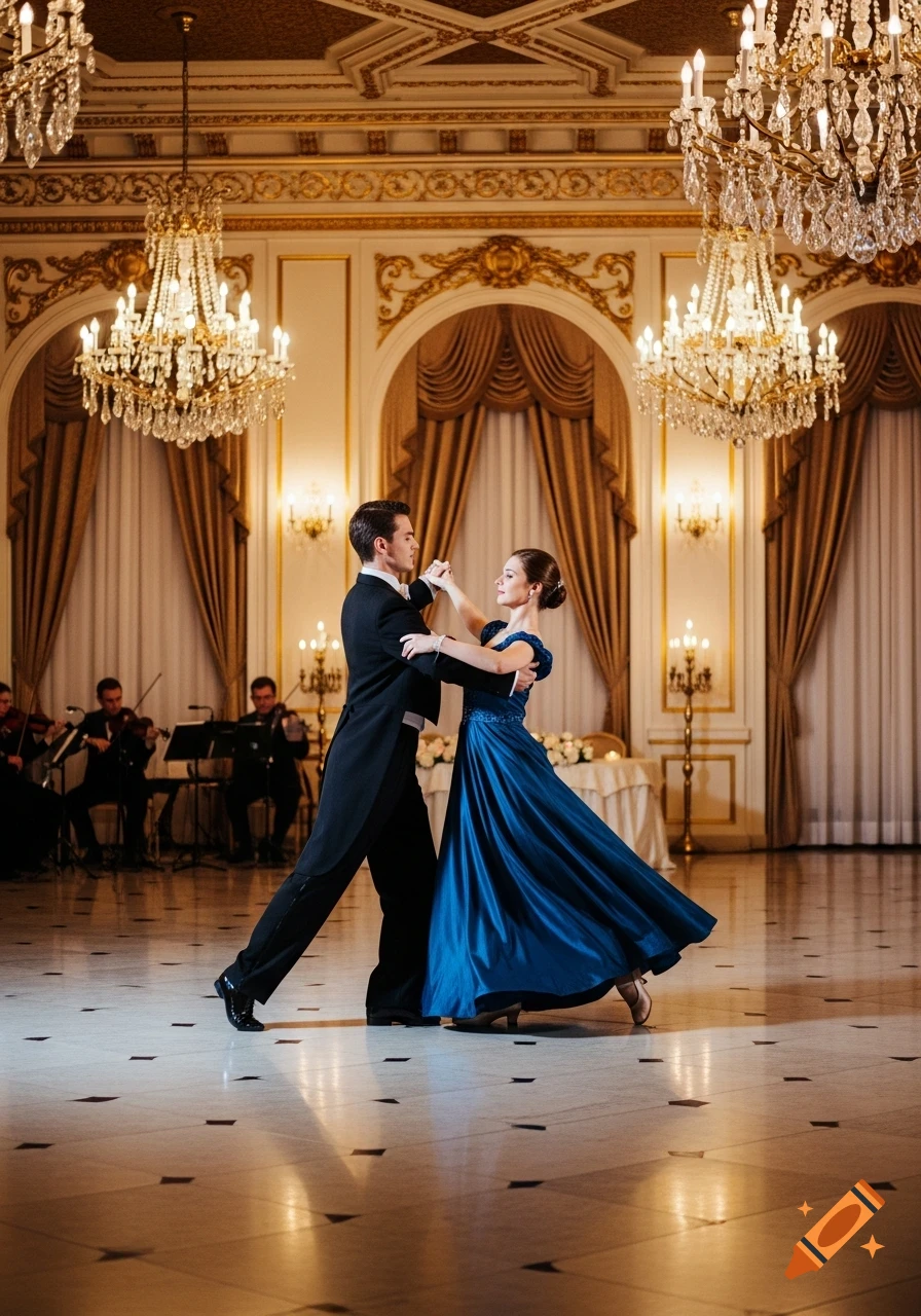 A formally dressed couple waltz dances in a grand, opulent ballroom with chandeliers and an orchestra in the background.