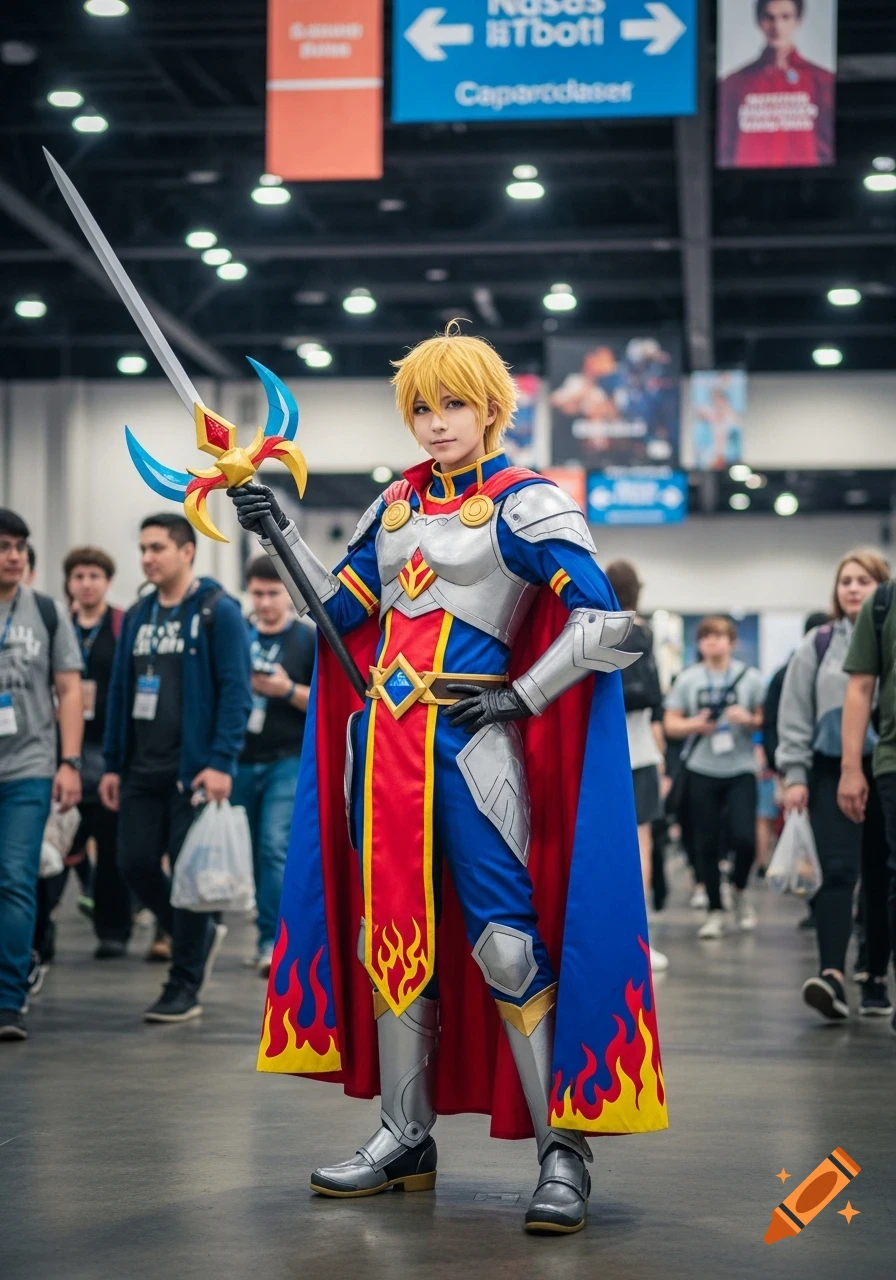 A person in an anime-style silver armor, blue and red cape with flames, holding a sword, posing at a convention.