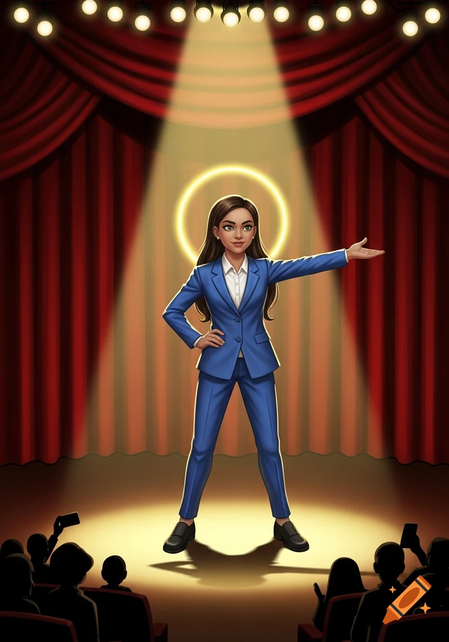A digitally illustrated young woman in a blue suit stands on a stage under a spotlight, gesturing to a silhouetted audience.