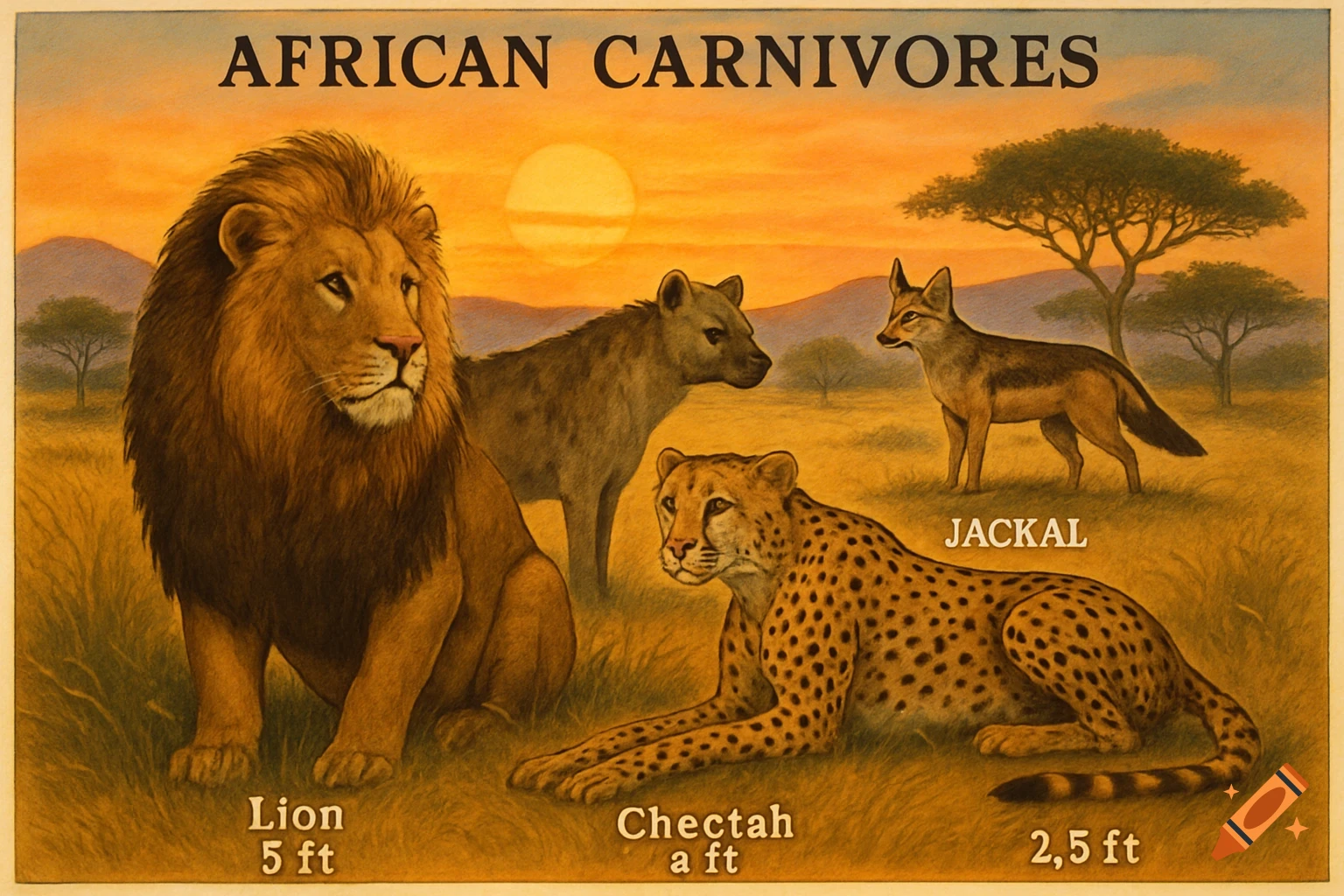 A painted diagram of African carnivores: a lion, a hyena, a cheetah, and a jackal, against a sunset savanna backdrop with labels.