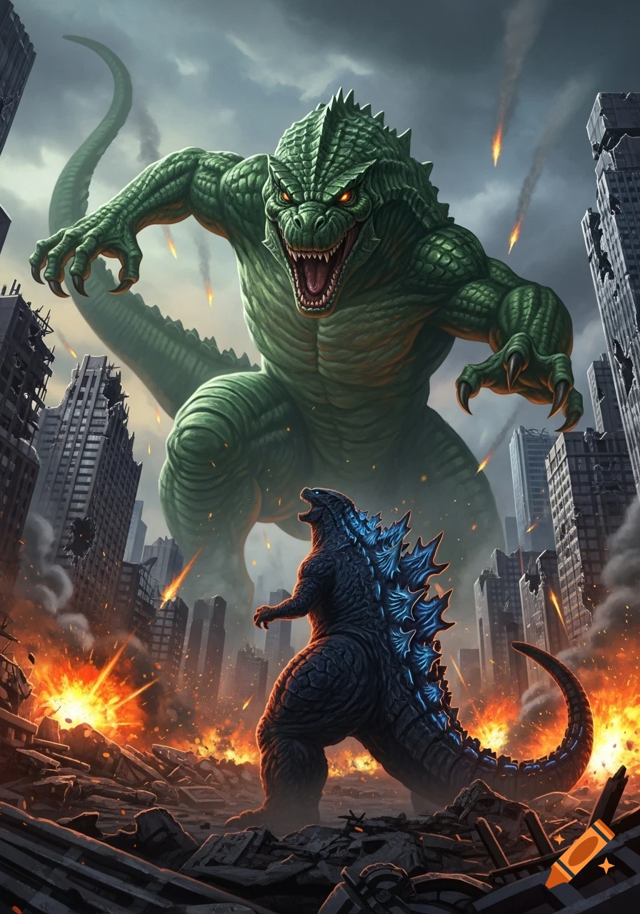 Godzilla faces off against a giant green lizard monster in a burning, destroyed city, dramatic art style.