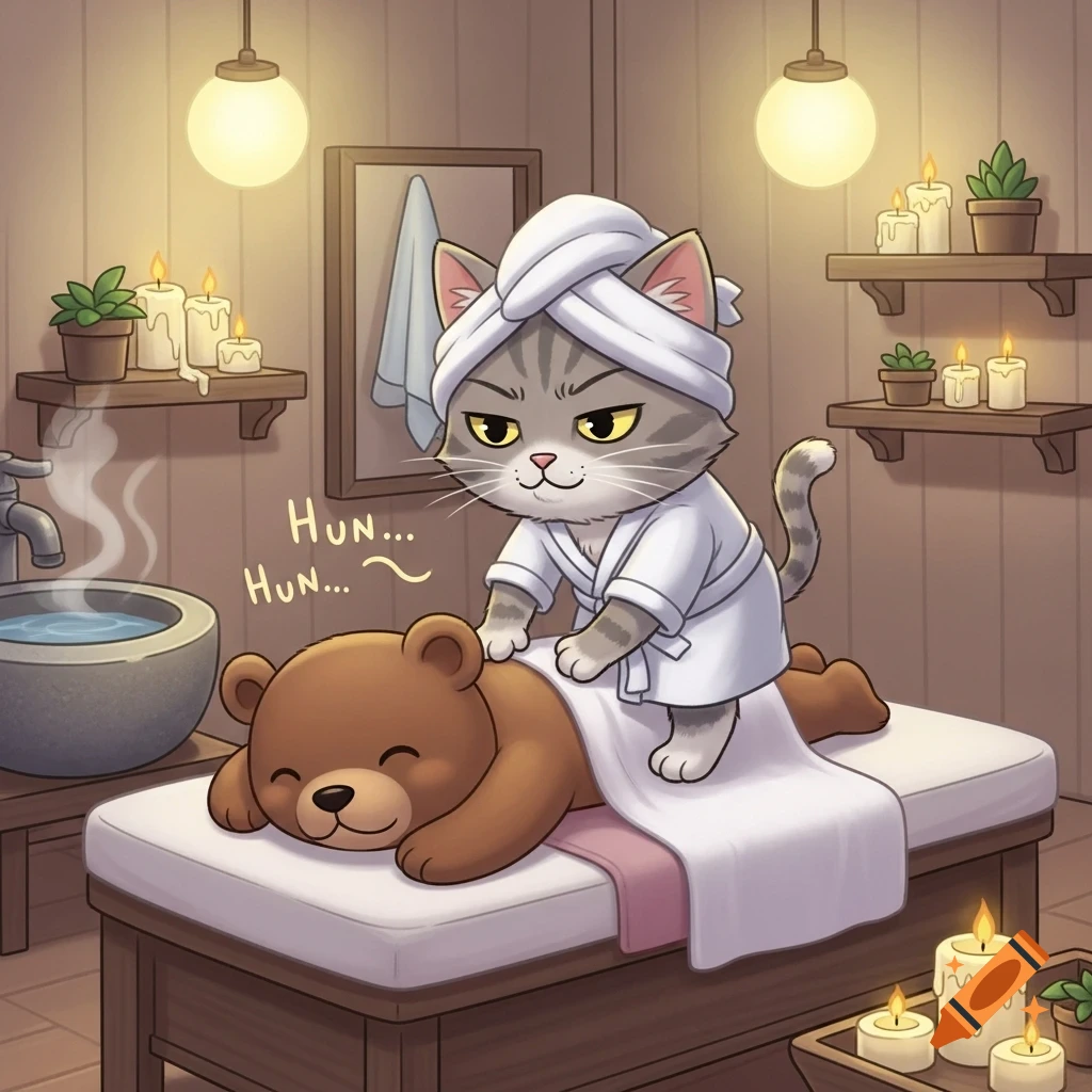 A cartoon tabby cat wearing a bathrobe and head towel massages a teddy bear on a spa table, surrounded by candles.