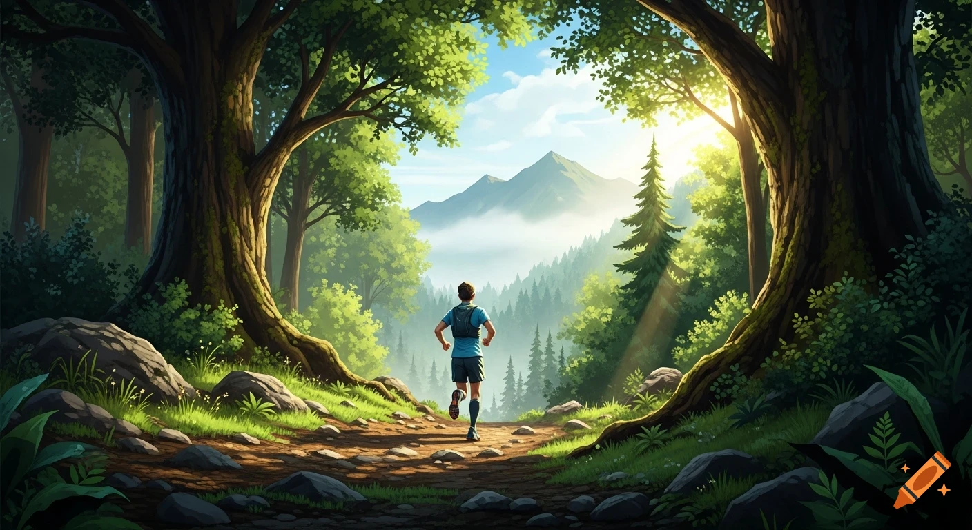Illustrated view of a person trail running through a vibrant forest path towards misty mountains under a sunny sky.