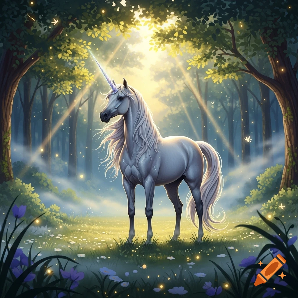 A majestic white unicorn stands in a sunlit, magical forest clearing, surrounded by glowing particles, ethereal mist, and purple flowers.