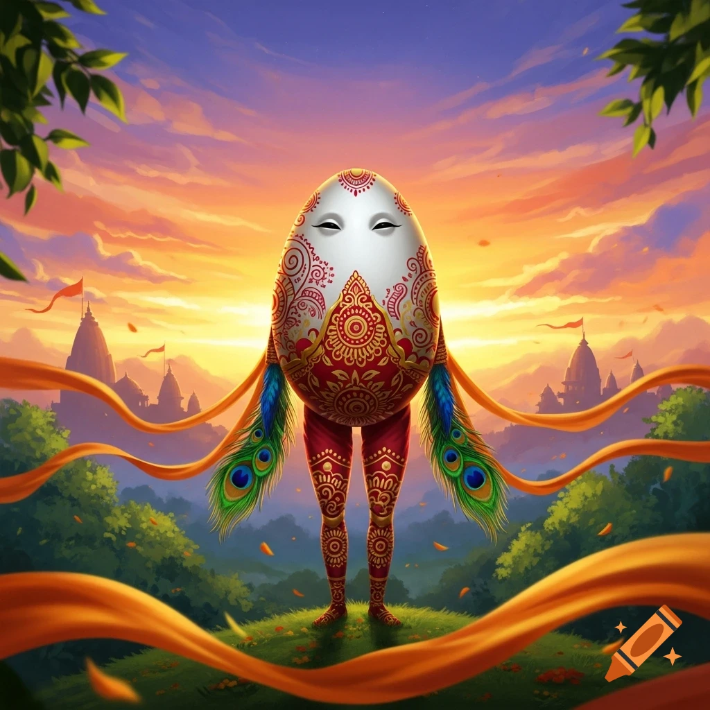 A stylized egg humanoid with intricate red and gold Indian patterns and peacock feather arms stands in a vibrant sunset landscape with distant temples and flowing orange ribbons.