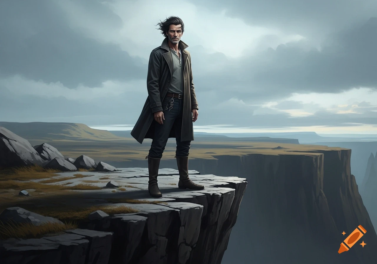 A lone, dark-haired man in a long coat stands on a cliff edge ...