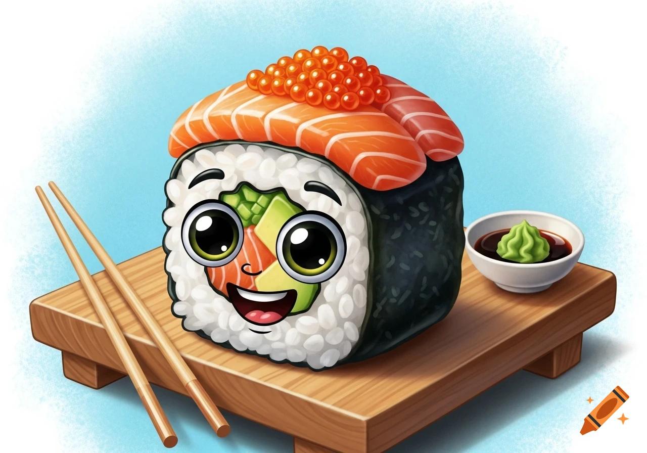 A cute cartoon sushi roll character with a happy face, topped with salmon and orange roe, sits on a wooden board with chopsticks and a bowl of soy sauce and wasabi.
