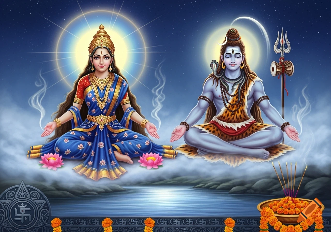 Lord Shiva and a goddess, possibly Parvati, meditate on clouds above water with lotus flowers, set against a star-filled sky in a vibrant, devotional illustration.