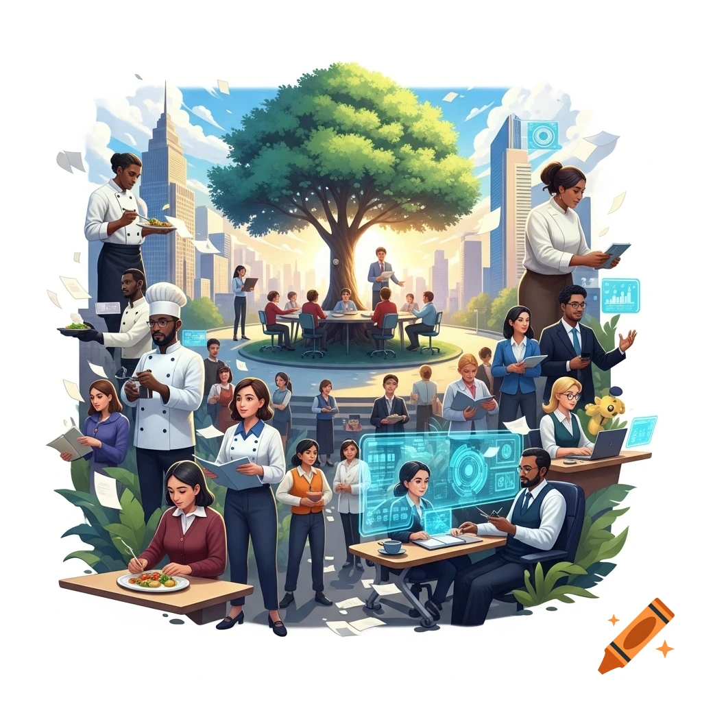 A vibrant illustration of a diverse group of professionals in various jobs, set against a city backdrop with a large tree, depicting chefs, office workers, and tech-related roles.