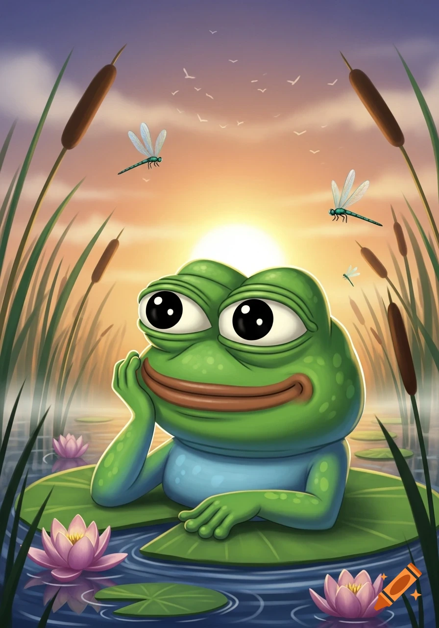 Cartoon Pepe the frog relaxing on a lily pad in a pond at sunset, with cattails, lotus flowers, and dragonflies.