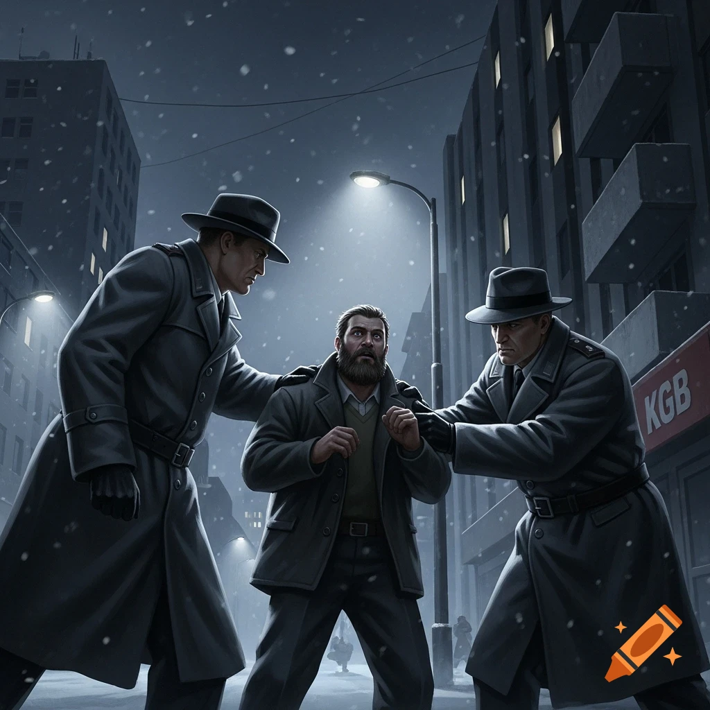 Two men in trench coats, likely KGB, apprehend a bearded man on a snowy city street at night.