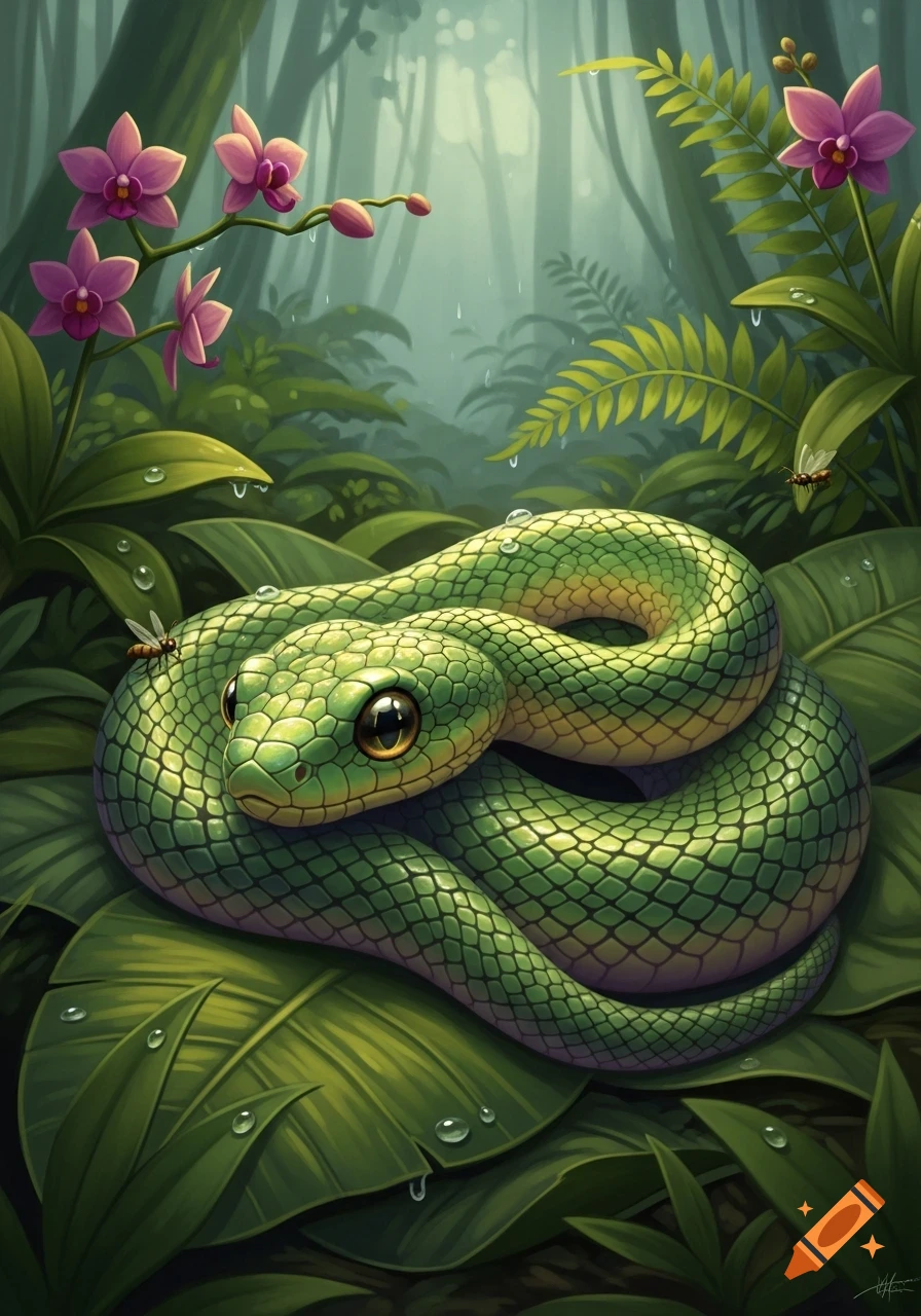 A cute, stylized green snake with large eyes coiled on wet leaves in a lush jungle with pink orchids.