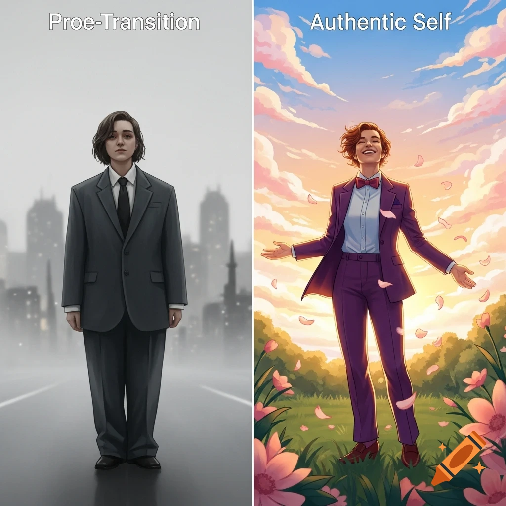Split illustration of a person before and after transition: left is sad in a grey suit in a city, right is joyful in a purple suit in a colorful garden.