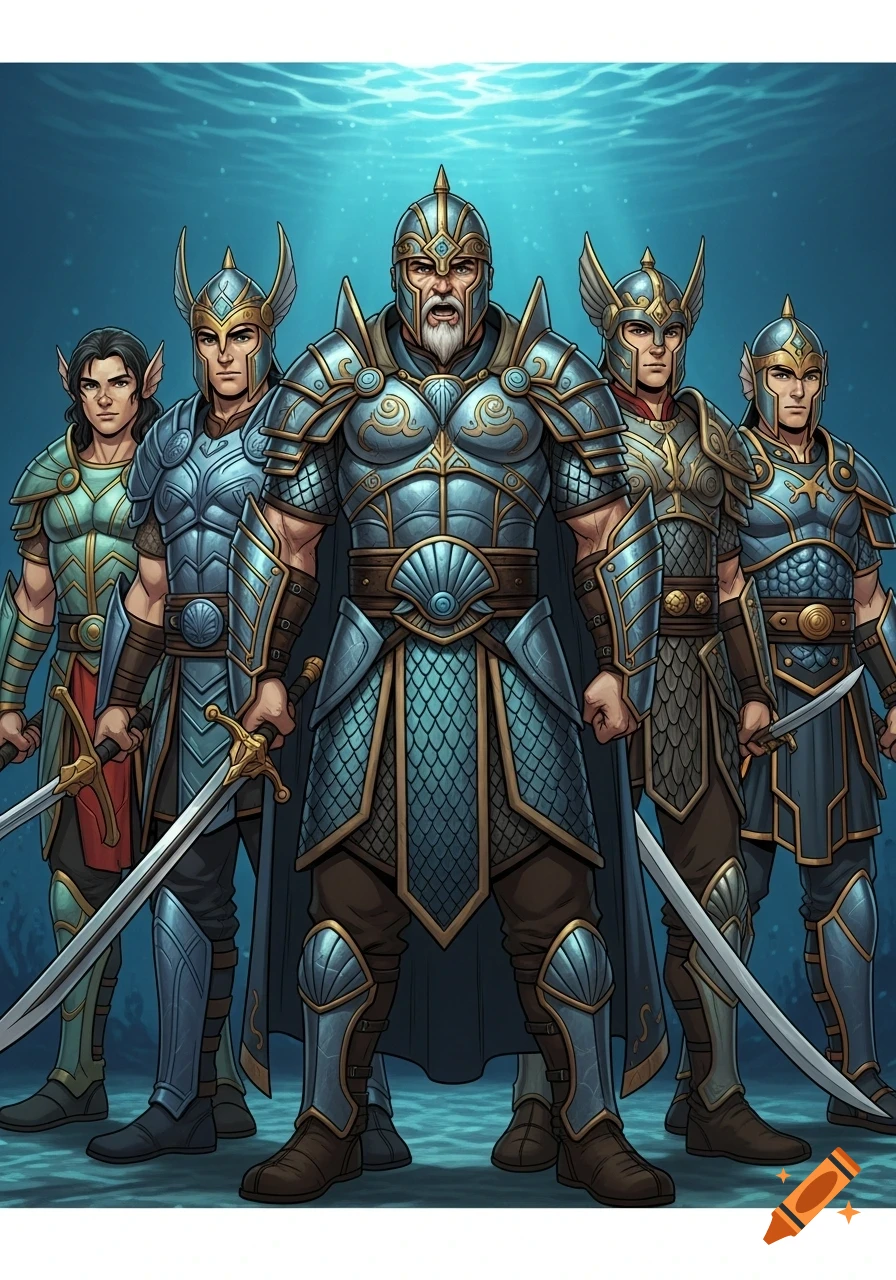 Five muscular men in ornate teal and gold fantasy armor, holding swords, stand in an underwater scene with blue light and rippling water above.
